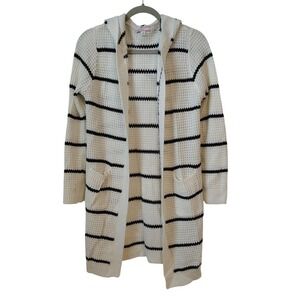 Ms Maggie Women's Cardigan Sweater Medium Cream Black Striped Hooded Long